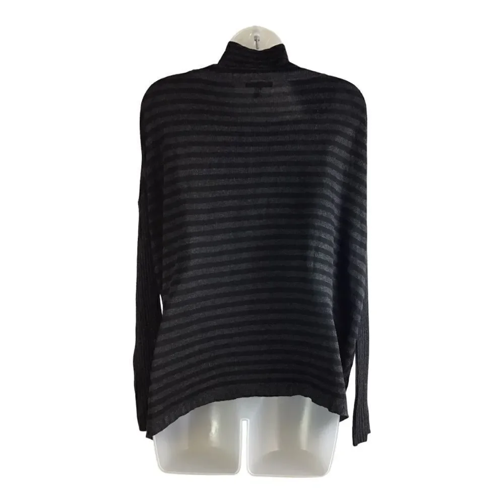 Eileen Fisher Cowl Scrunch Neck Striped Relaxed Fit Knit Sweater Black/ Gray